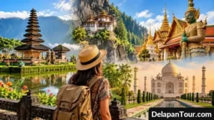 Ilustrasi suasana wisatawan disambut ramah masyarakat di kawasan wisata Asia dengan latar pegunungan dan desa tradisional.