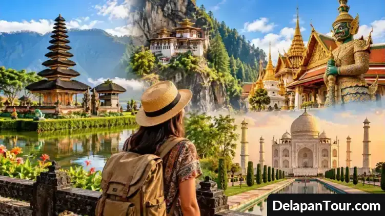 Ilustrasi suasana wisatawan disambut ramah masyarakat di kawasan wisata Asia dengan latar pegunungan dan desa tradisional.
