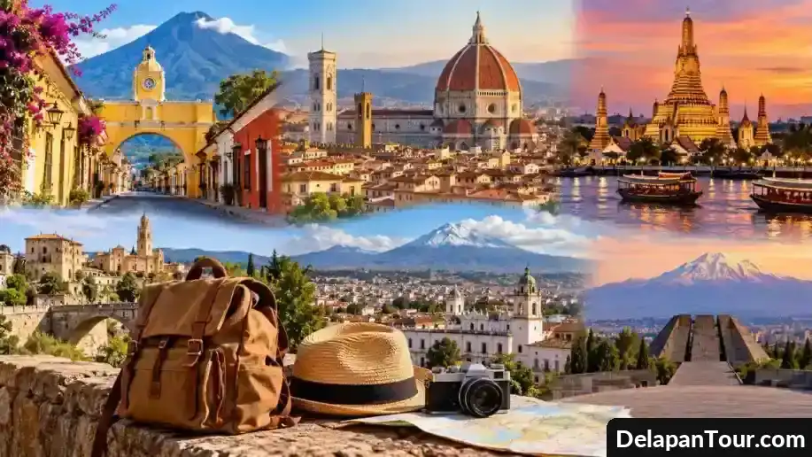 Kolase destinasi wisata dunia dengan arsitektur bersejarah, kuil Thailand, pegunungan, dan perlengkapan perjalanan.
