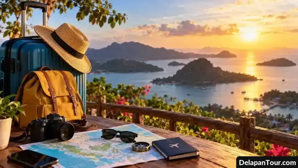 Koper dan perlengkapan perjalanan dengan latar panorama kepulauan saat matahari terbenam.