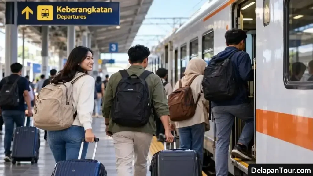 Penumpang membawa koper saat naik kereta api di stasiun untuk perjalanan libur akhir tahun.