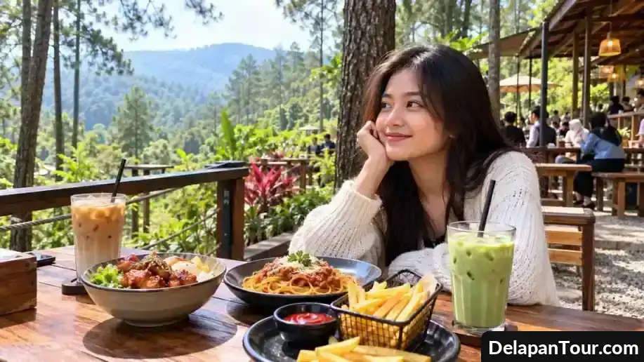 Suasana kafe terbuka di tengah pepohonan dengan hidangan makanan dan minuman di meja kayu.