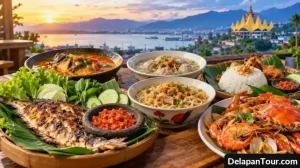 Aneka kuliner Nusantara berupa ikan bakar sambal, pindang ikan, mi, bakso, nasi dan seafood di meja kayu dengan panorama pesisir Bandar Lampung.