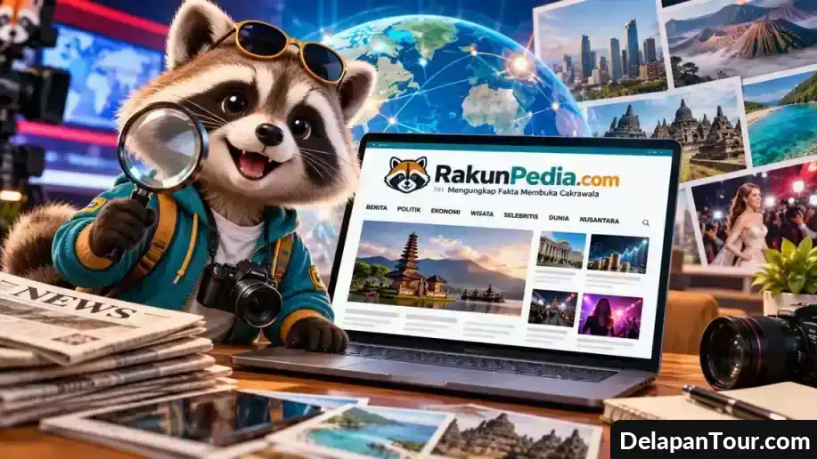 Maskot rakun jurnalis membawa kaca pembesar di samping laptop yang menampilkan portal berita RakunPedia.com.
