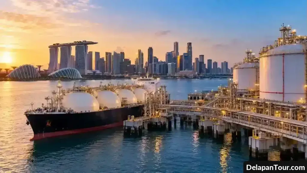 Terminal LNG dan kapal pengangkut gas alam cair di kawasan pelabuhan Singapura.