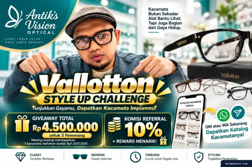 Tiga model kacamata Vallotton di butik optik dengan peralatan pembuatan konten digital.